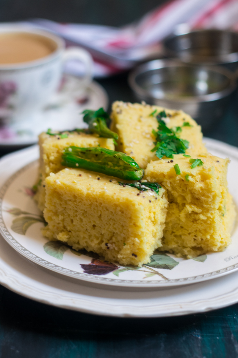 steamed khaman dhokla  served in palate